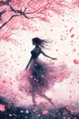 Fototapeta premium A graceful woman twirls amidst falling cherry blossom petals embracing the beauty of nature and emotions in a dreamy landscape