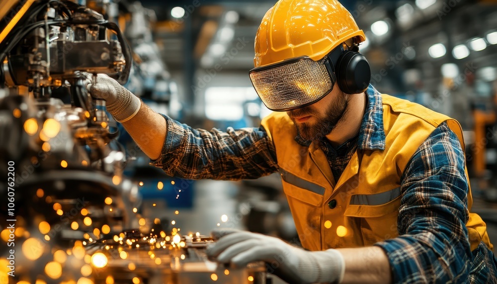Poster engineer using ai and ar for smart factory machinery monitoring in a modern facility
