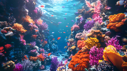 Fototapeta premium Underwater garden with colorful coral and fish. Underwater Coral Garden. Illustration