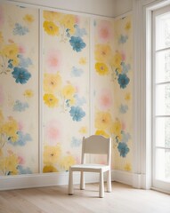 sunny nursery room decor with white frame on bright floral wallpaper.