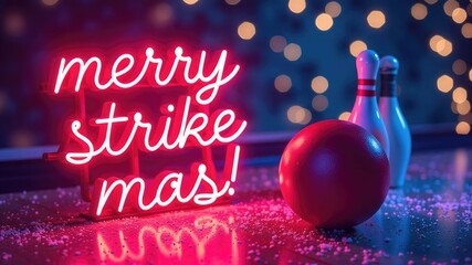 Festive bowling theme with neon sign and holiday lights in cozy atmosphere