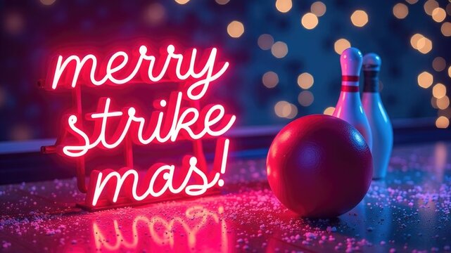 Festive bowling theme with neon sign and holiday lights in cozy atmosphere