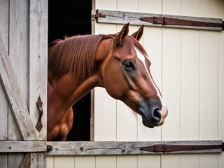 Fototapeta premium A horse sticking its head out of a barn doorway.