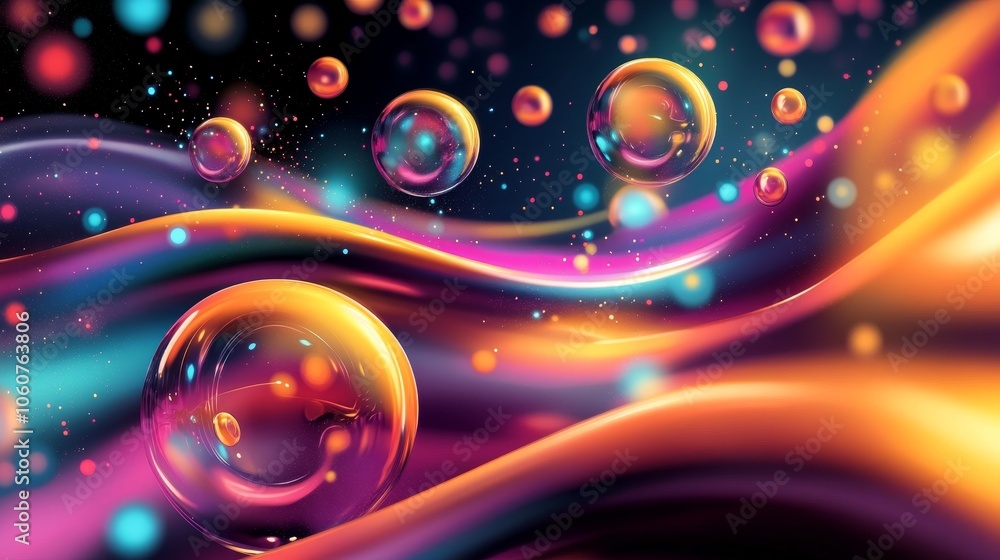 Poster abstract colorful bubbles floating over vibrant waves with a dreamy background.