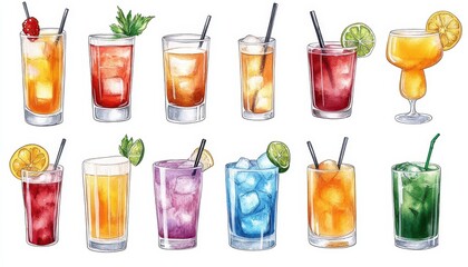 Colorful watercolor cocktail drinks display on a white background