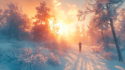Fototapeta premium Cross-Country Skier in Snowy Forest, Warm Sunlight through Winter Pines