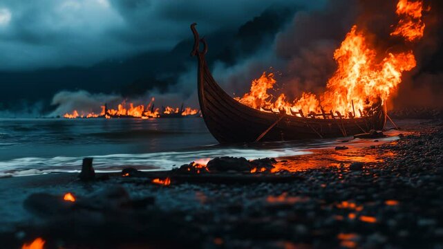 A dramatic scene shows a Viking ship ablaze on sandy shores under a dark, stormy sky, enhancing the tension