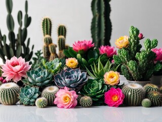 Obraz premium A captivating array of blooming succulents and cacti in vivid hues.