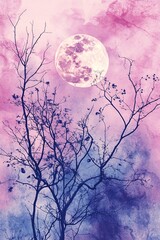 A serene moonlit night illuminates the silhouetted trees against a vibrant purple sky creating a dreamlike atmosphere for reflection