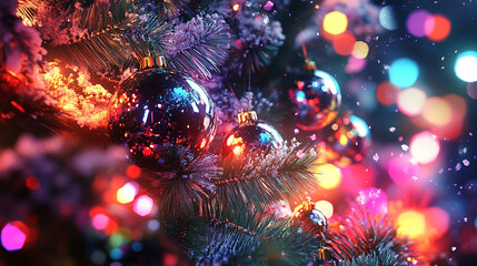 Christmas Tree with Gifts, Ornaments and a Lantern