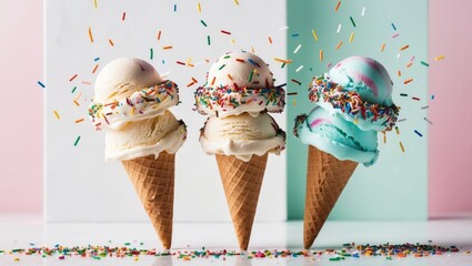 The 3 cones of ice cream explode with sprinkles.