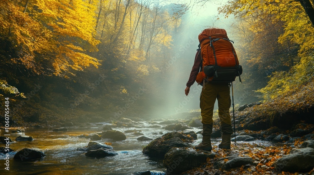 Poster A hiker with a large backpack stands on a rock in a river in a forest with fog and fall foliage.