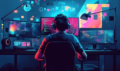 Obraz premium Man coding at night in a colorful room.
