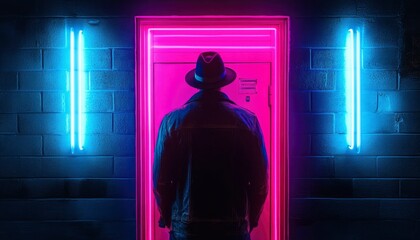 A Man in a Fedora Stands Silhouetted by Neon Lights