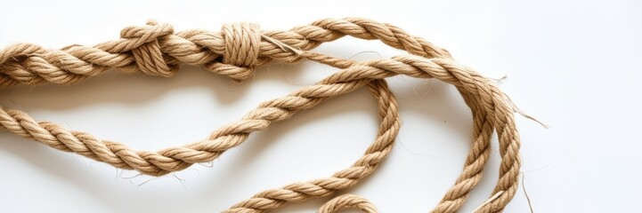 Fototapeta premium Thick brown rope, nautical hemp cord, twisted fibers, macro texture, natural jute twine, rustic craft material, beige background, close-up photography, coiled rope detail, organic material, maritime t