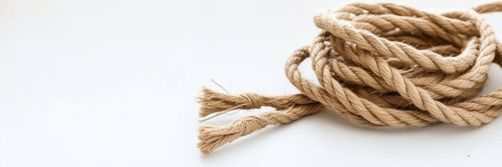 Thick brown rope, nautical hemp cord, twisted fibers, macro texture, natural jute twine, rustic craft material, beige background, close-up photography, coiled rope detail, organic material, maritime t