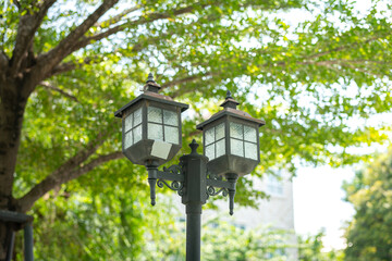 A retro style street lamppost with background of greenery tree at the public park. Park and outdoor exterior object, close-up.