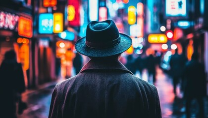 A lone figure in a fedora walks through a city street at night, illuminated by neon signs.