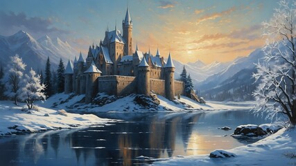 Castle by Frozen Winter River