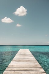 Fototapeta premium A wooden dock leading to clear blue ocean waters under a sunny sky.