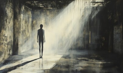 Obraz premium A lone figure stands in a light-filled, abandoned building.