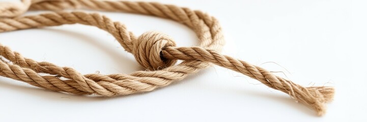 Fototapeta premium Thick brown rope, nautical hemp cord, twisted fibers, macro texture, natural jute twine, rustic craft material, beige background, close-up photography, coiled rope detail, organic material, maritime t