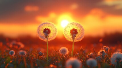 beautiful meadow dandelion flowers in the field at sunset