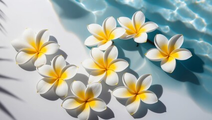Naklejka premium Tropical frangipani flowers on a blue water background Top view flat lay.