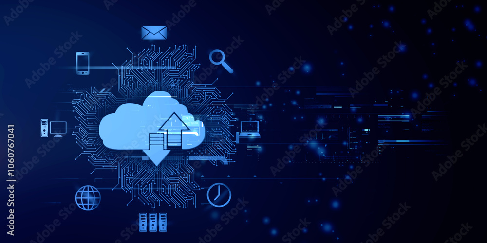 Poster 2d illustration uploading downloading arrow with cloud