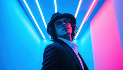 A Man in a Suit and Fedora Standing in Neon Lights