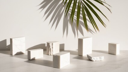 Marble blocks with palm leaf shadow in sunlight.