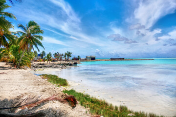 Cook Islands Paradise. Tropical island Aitutaki, sea lagoon with palm trees. 