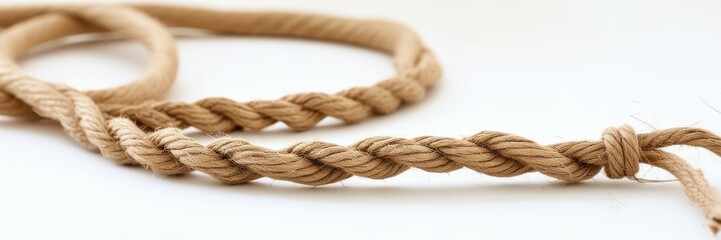 Fototapeta premium Thick brown rope, nautical hemp cord, twisted fibers, macro texture, natural jute twine, rustic craft material, beige background, close-up photography, coiled rope detail, organic material, maritime t