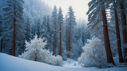 Snowy Forest in Mountain Sunrise