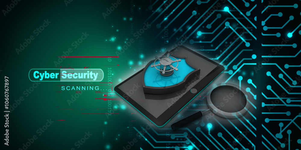Poster 3d rendering shield protection lock on transmitter mobile with lens