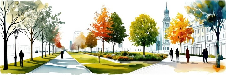 Autumn city street, watercolor painting, vibrant fall colors, people walking with umbrellas, urban park scene, orange and yellow trees, silhouettes of buildings, impressionistic style, wet sidewalk re