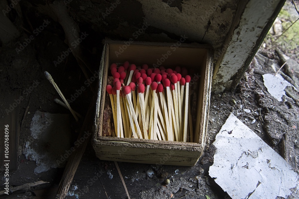 Poster wooden matchbox with red heads in abandoned building