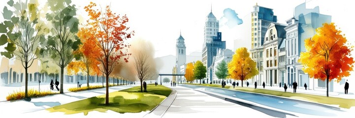 Naklejka premium Autumn city street, watercolor painting, vibrant fall colors, people walking with umbrellas, urban park scene, orange and yellow trees, silhouettes of buildings, impressionistic style, wet sidewalk re