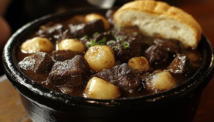 Savory beef bourguignon in a cast iron pot served with crusty bread
