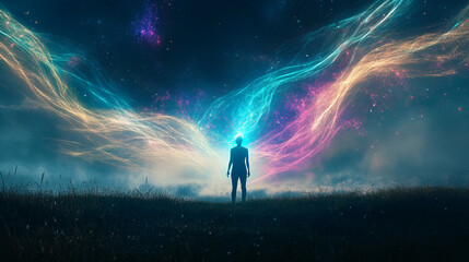 Fototapeta premium A person stands in a field with a swirling blue and pink energy above their head, against a starry night sky