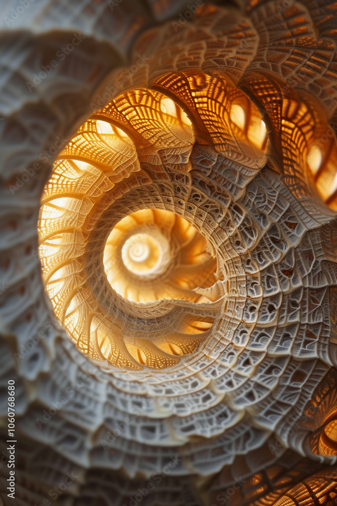 Poster intricate spiral design illuminated from within, showcasing detailed patterns and textures in a stun