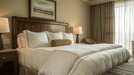 Contemporary neutral artwork above chic bed enhances sophistication and tranquility in cozy room