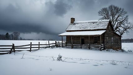 Abandoned Cabin in Snowy Field