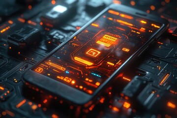 Obraz premium cybersecurity concept illustrating a businessman protecting personal data on a smartphone with digital lock icons and network security technology visualized in a dynamic composition