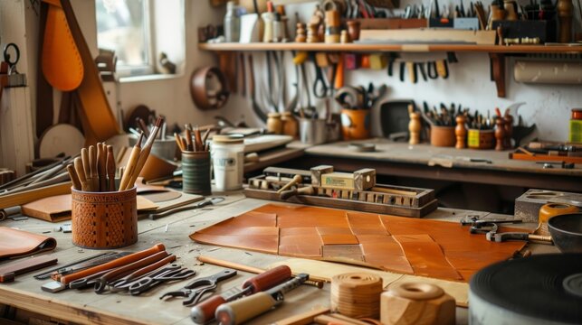 Workbench covered in various tools and materials used for leather crafting, showcasing the space of a skilled artisan