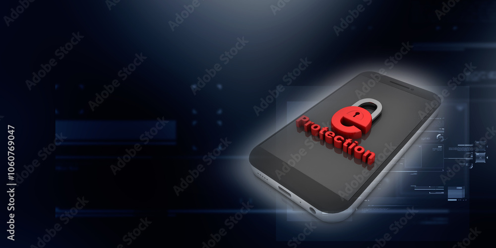 Poster 3d rendering e-mail symbol with lock in mobile phone near lens. internet security concept
