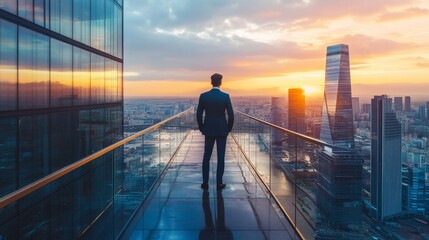 A businessman gazes at a vibrant city skyline during sunset from a high vantage point.