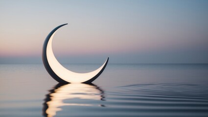 illuminated crescent moon sculpture on water at dusk.