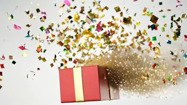 Gift box exploding with colorful confetti, capturing the joy and excitement of a festive celebration