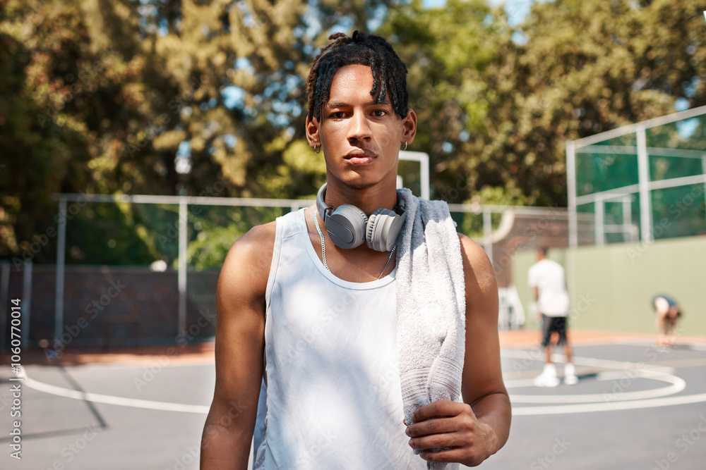 Wall mural outdoor, basketball and portrait of man with confidence, culture and fitness for competition game at